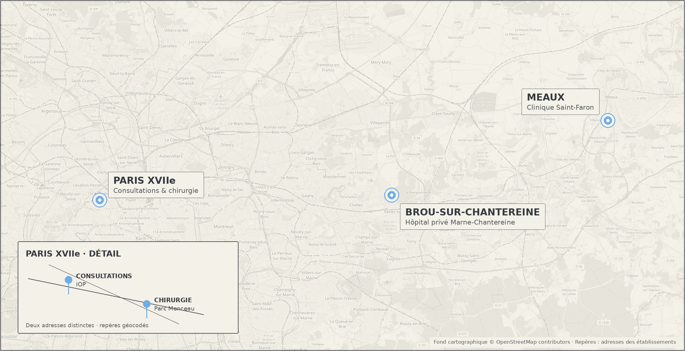 Carte précise des lieux de consultation et d’intervention : Paris XVIIe, Brou-sur-Chantereine et Meaux