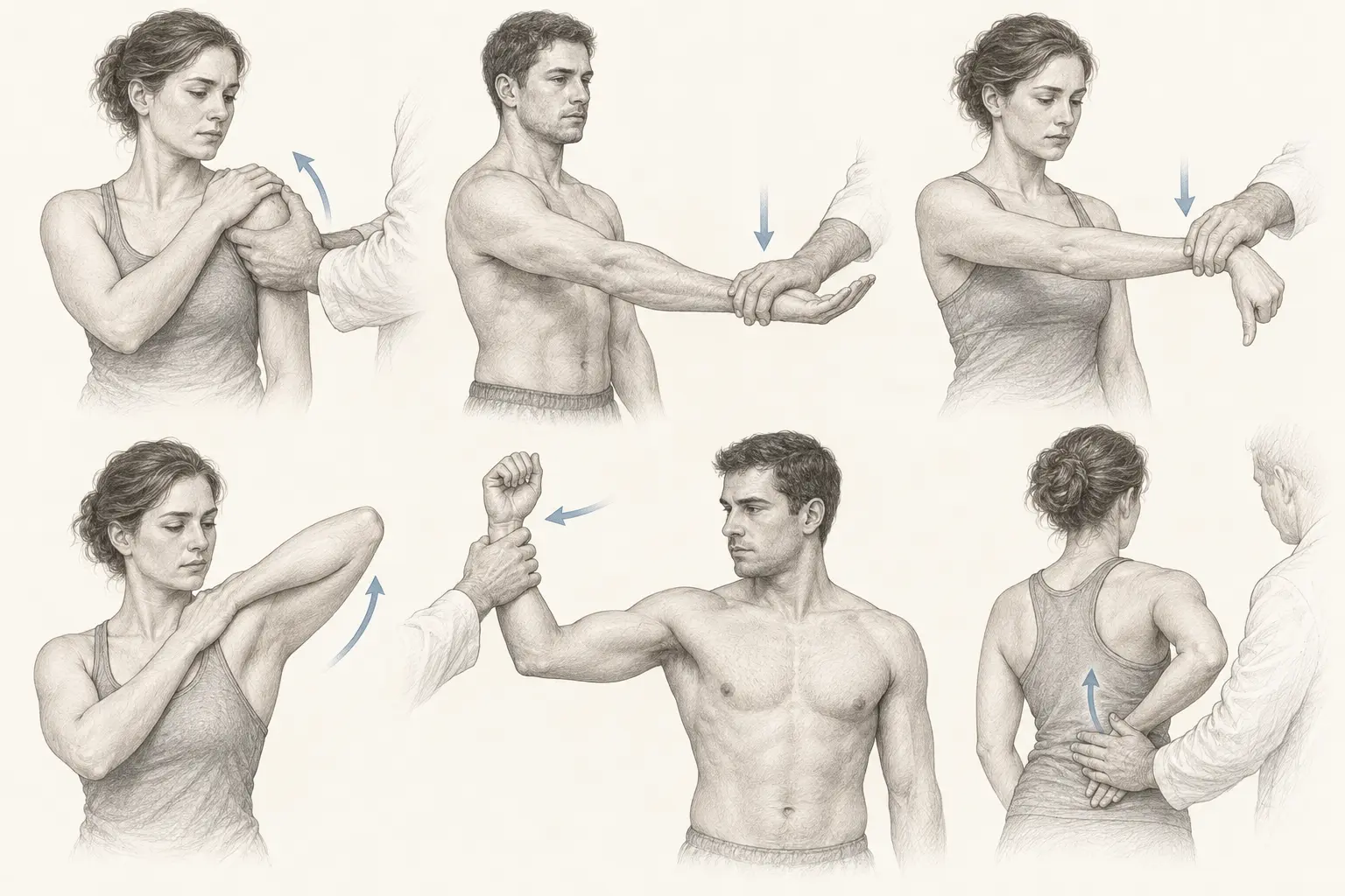 Six manœuvres de l’examen clinique de l’épaule : Bear Hug, Palm-up, O’Brien, Yocum, Patte et Gerber