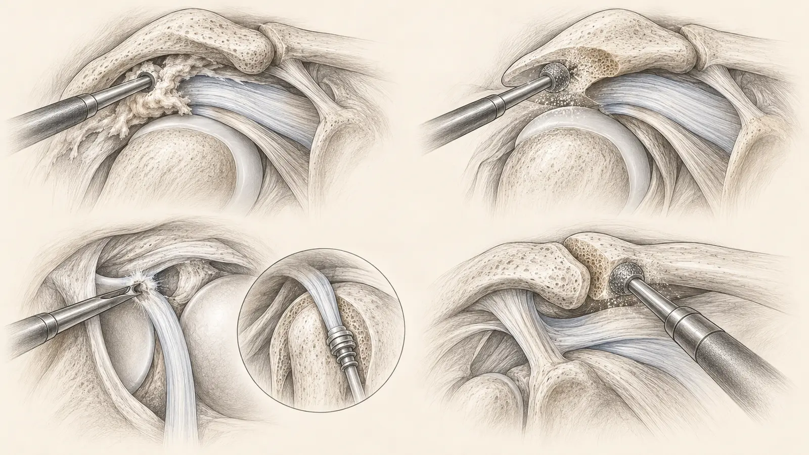 Bursectomie, acromioplastie, geste sur le biceps et résection acromioclaviculaire