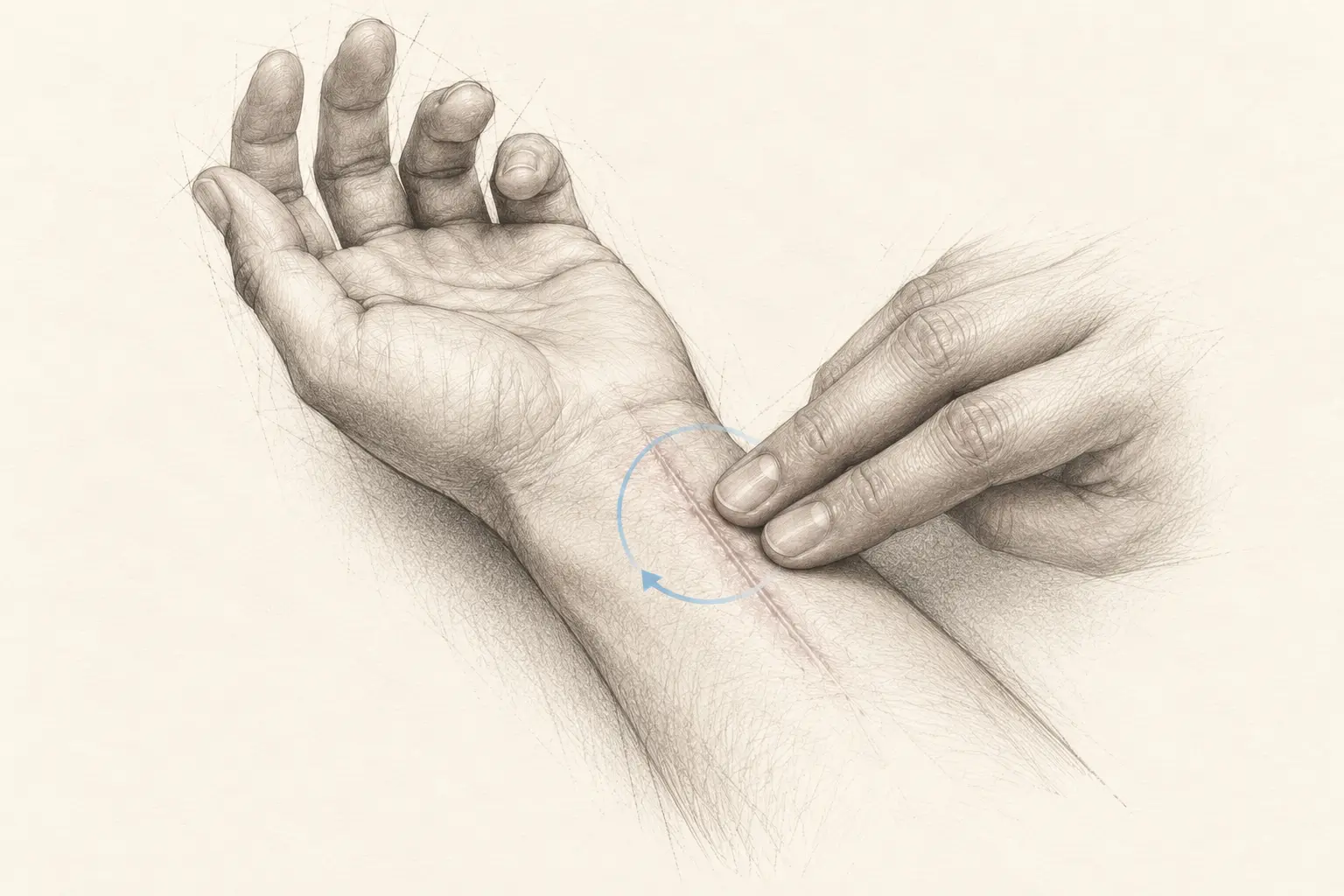 Massage circulaire d’une cicatrice palmaire du poignet