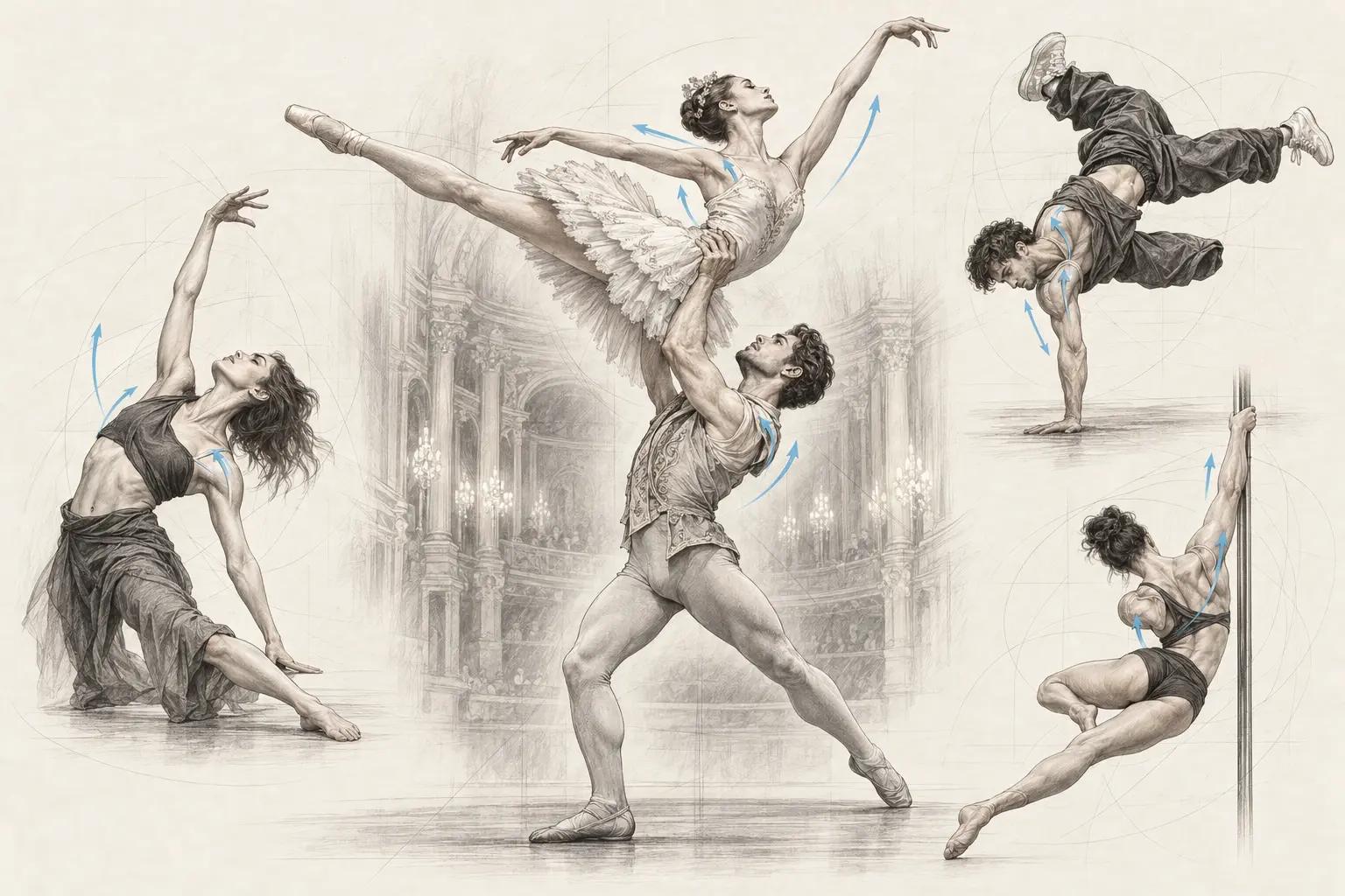 Ballet classique avec porté, danse contemporaine, breaking et pole sollicitant les épaules
