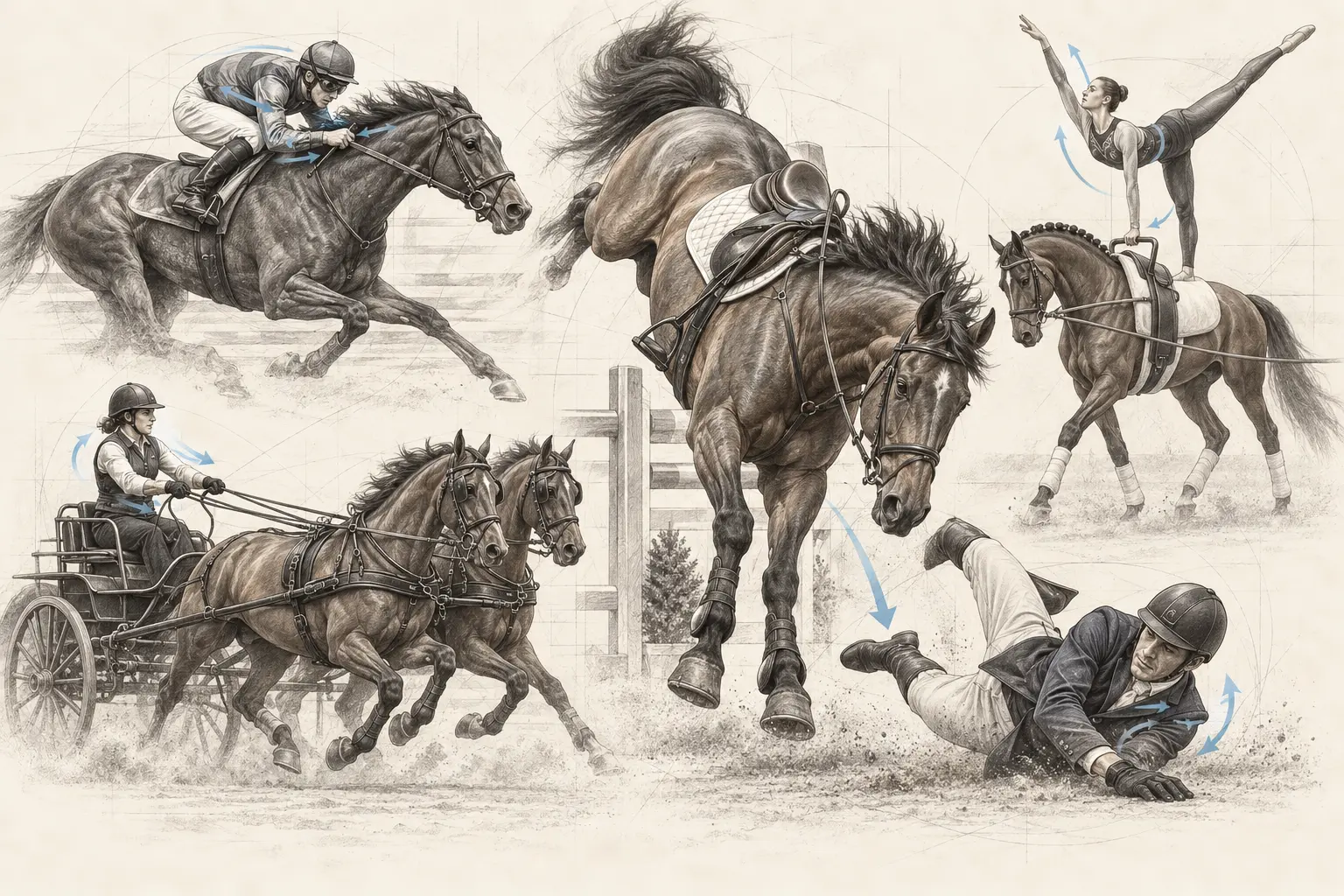 Saut d’obstacles, course de jockey, attelage et voltige avec mécanismes de traumatismes du cavalier
