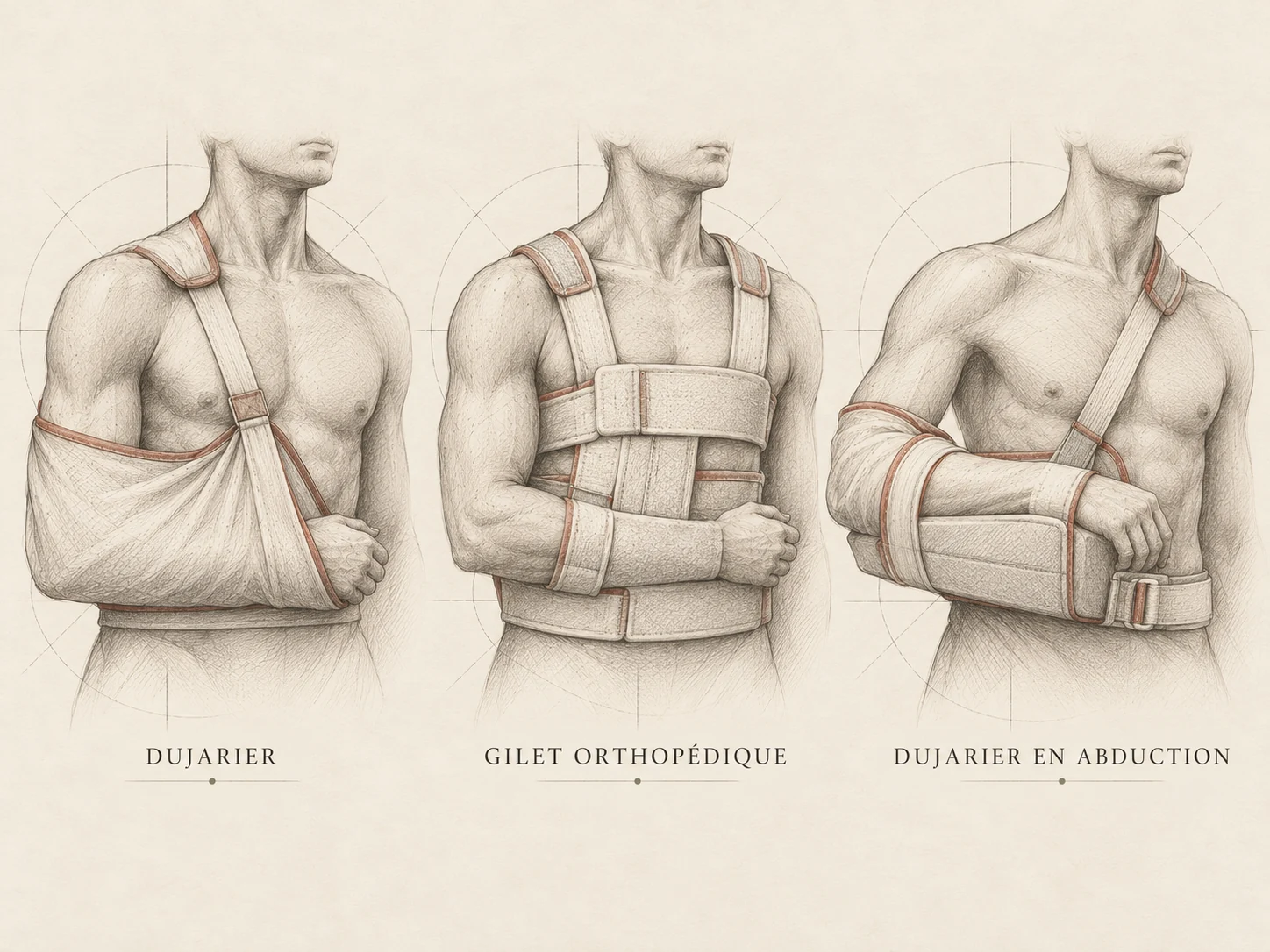 Différents systèmes d’immobilisation de l’épaule : écharpe, gilet, coussin d’abduction