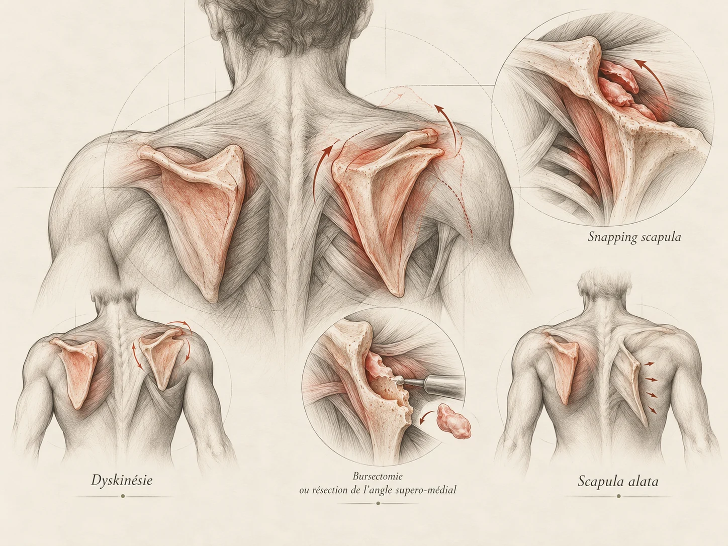 Dyskinésie, snapping scapula et scapula alata : illustrations comparatives