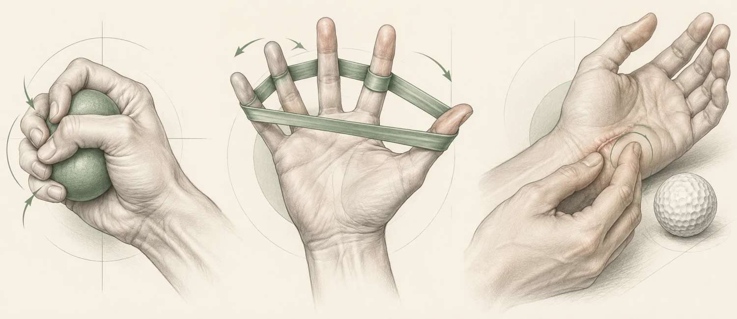 Trois exercices : balle souple, extension des doigts par élastique, massage doux de cicatrice