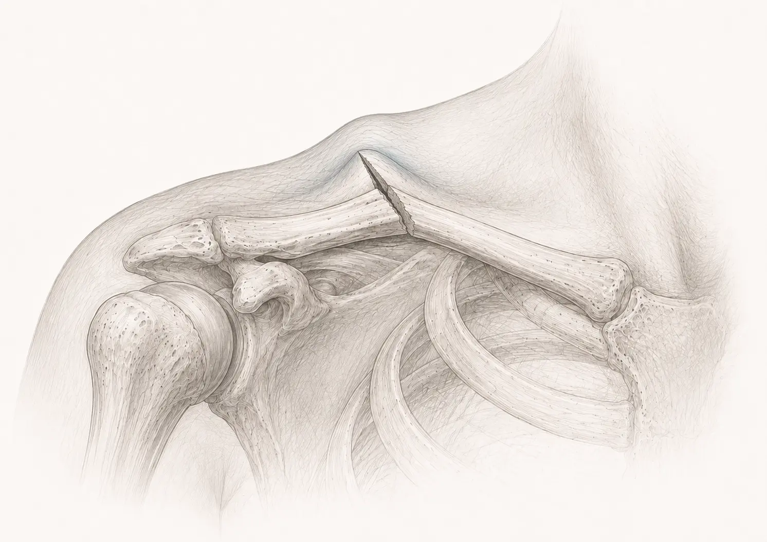 Fragment de clavicule déplacé soulevant et menaçant la peau sans plaie
