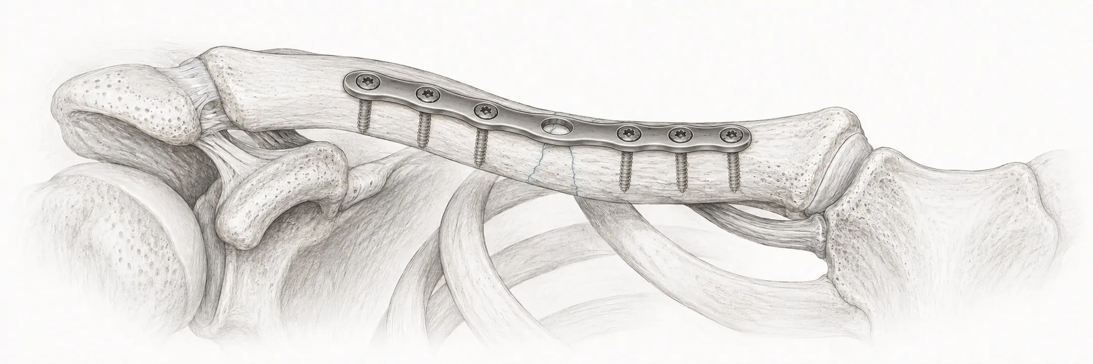 Plaque supérieure verrouillée et vis réduisant une fracture comminutive de clavicule