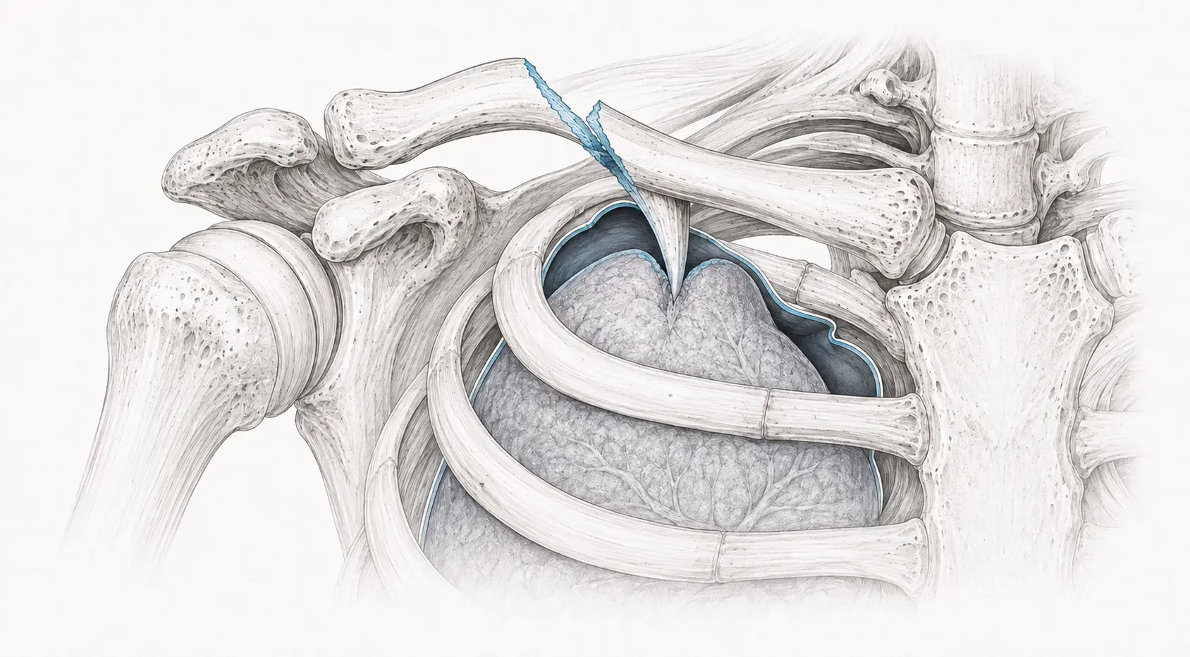 Pointe osseuse d’une fracture de clavicule lésant la plèvre et l’apex pulmonaire avec pneumothorax