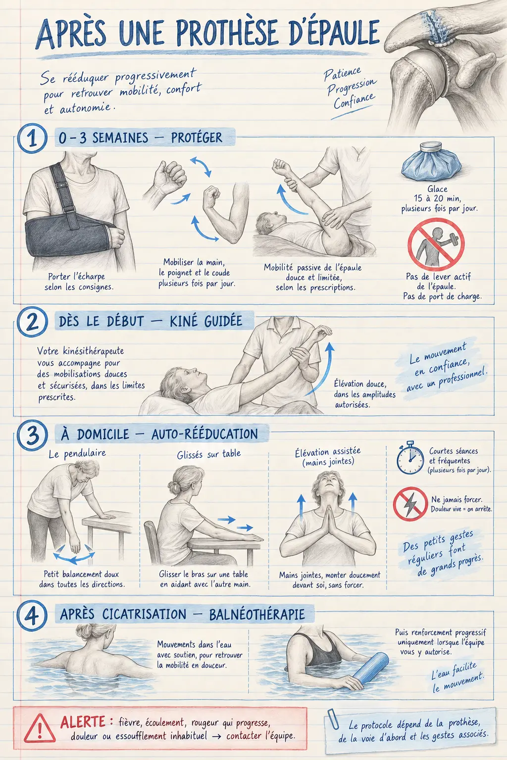 Fiche dessinée de rééducation après prothèse d’épaule