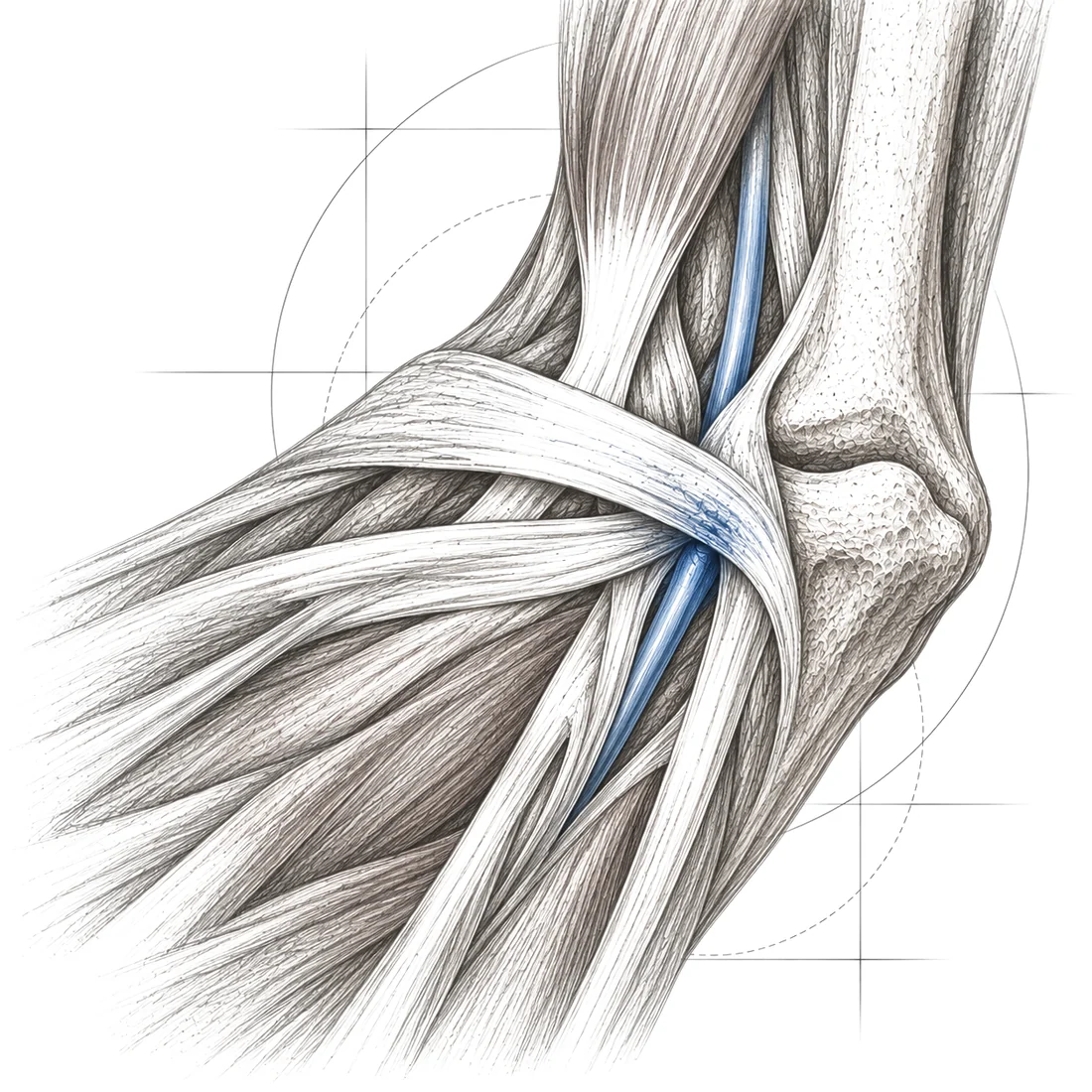 Nerf médian sous le lacertus fibrosus, illustration graphite bleu ardoise