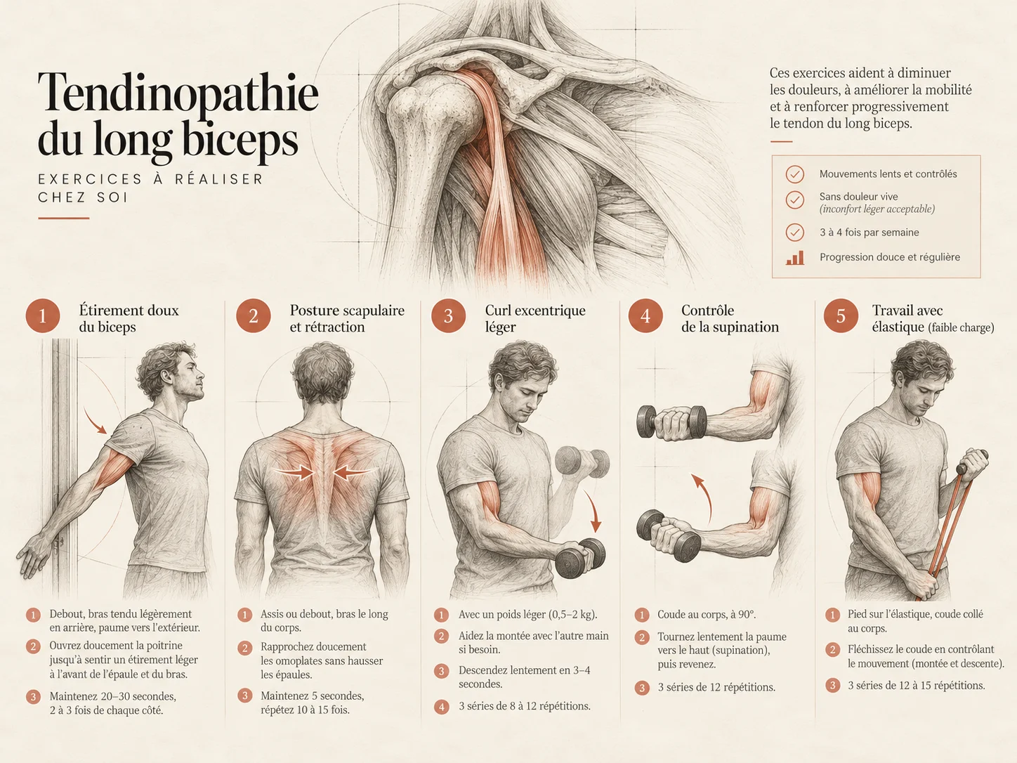 Exercices progressifs du biceps en illustration graphite et terracotta