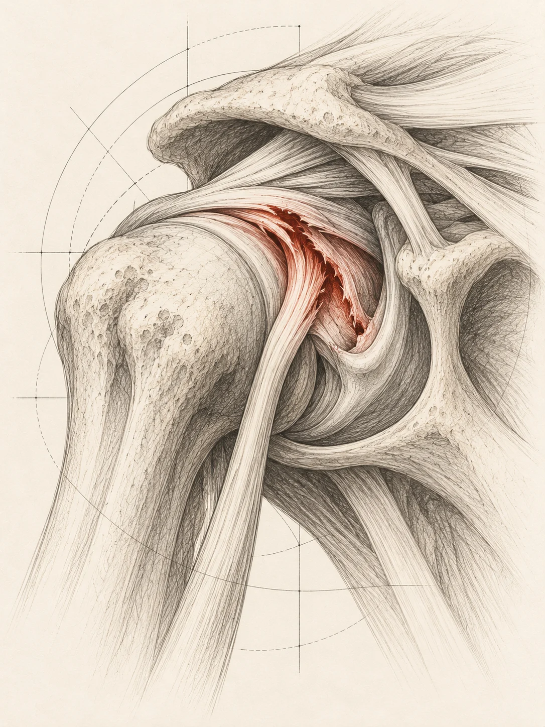 Complexe labro-bicipital et ancrage supérieur du long biceps, dessin anatomique graphite