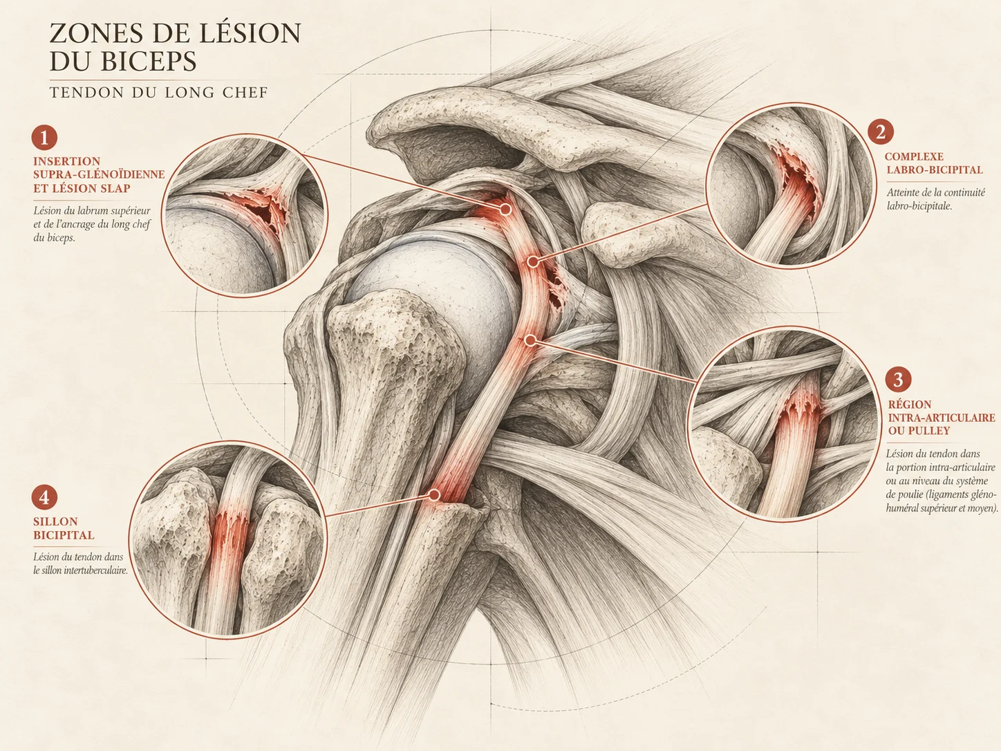Représentation des différents sièges lésionnels du biceps et du labrum supérieur