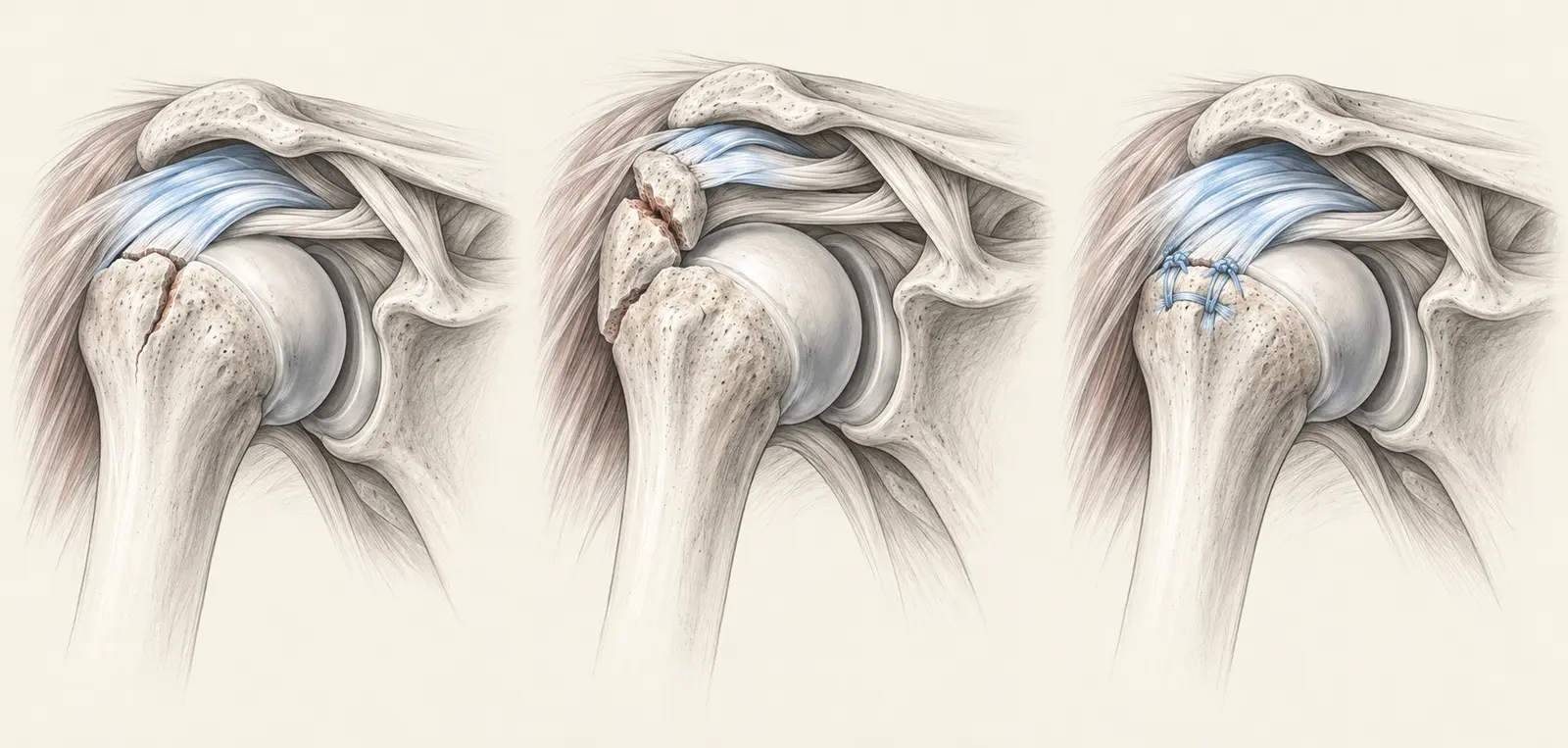 Fracture du trochiter non déplacée, déplacée puis réinsérée par sutures